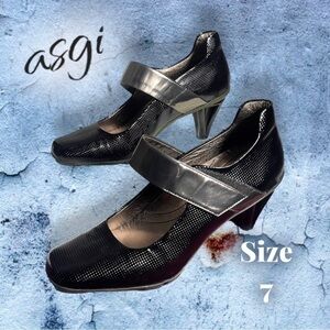 Asgi Marcy Mary-Jane Pewter Black Patent Leather Pumps 9